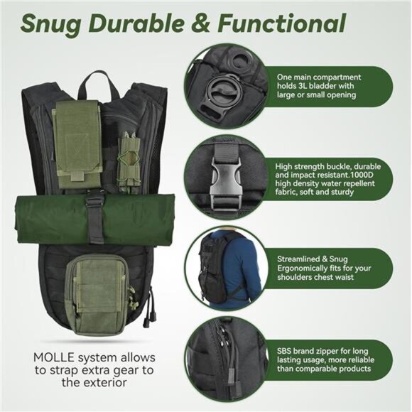 Tactical Molle HydrationPack Backpack with 3L TPU Water Bladder,Military Daypack - Picture 3 of 7